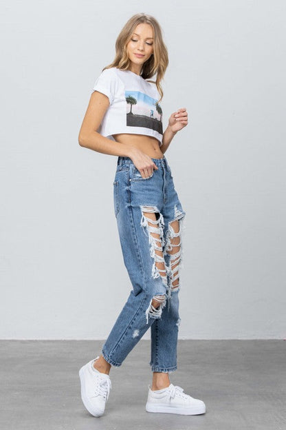 High Rise Heavy Destroyed Mom Jeans MEDIUM by Denim Lab USA | Fleurcouture