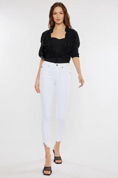 High Rise Hem Detail Ankle Skinny Jeans White by Kan Can USA | Fleurcouture