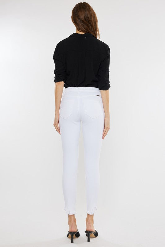 High Rise Hem Detail Ankle Skinny Jeans White by Kan Can USA | Fleurcouture