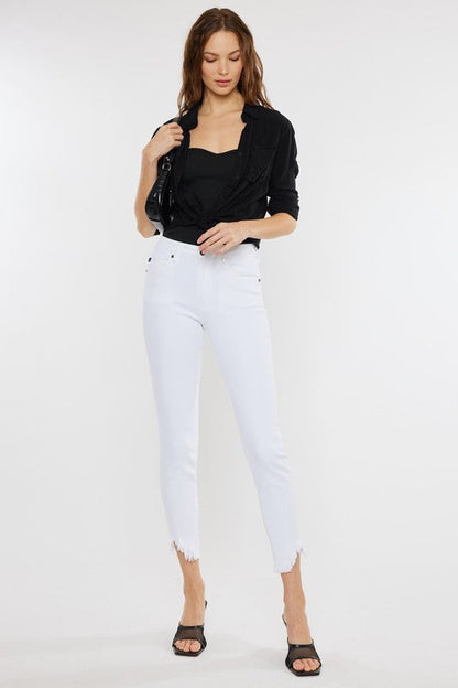 High Rise Hem Detail Ankle Skinny Jeans White by Kan Can USA | Fleurcouture