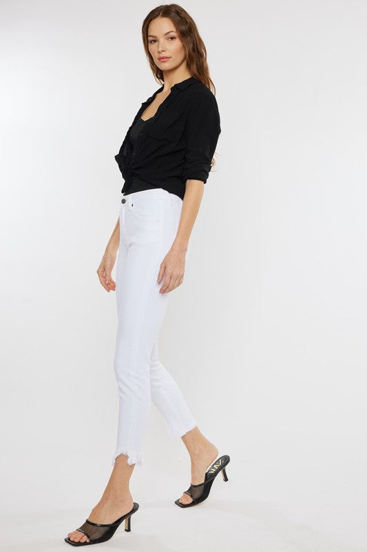 High Rise Hem Detail Ankle Skinny Jeans White by Kan Can USA | Fleurcouture