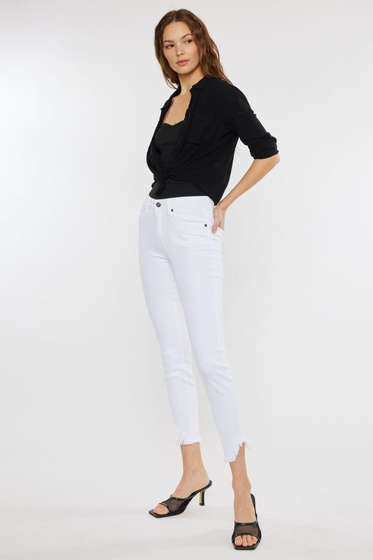 High Rise Hem Detail Ankle Skinny Jeans White by Kan Can USA | Fleurcouture