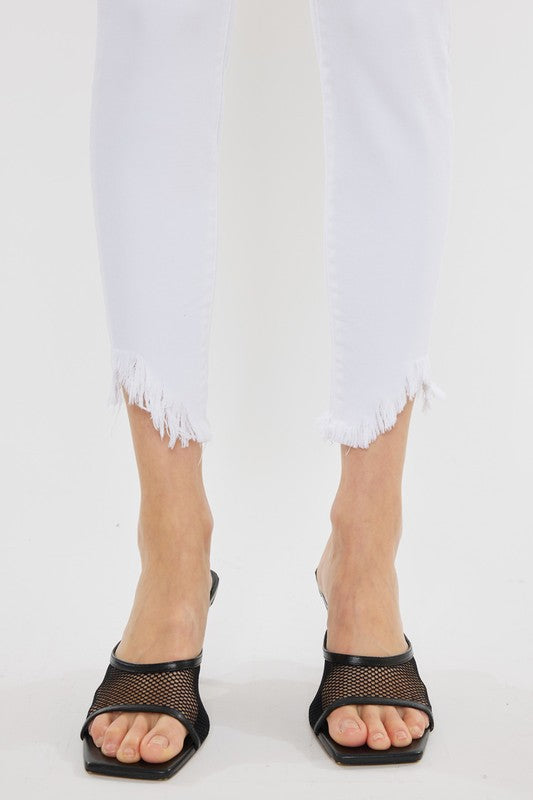 High Rise Hem Detail Ankle Skinny Jeans White by Kan Can USA | Fleurcouture