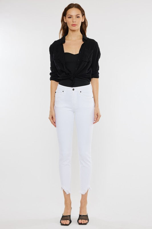 High Rise Hem Detail Ankle Skinny Jeans White by Kan Can USA | Fleurcouture