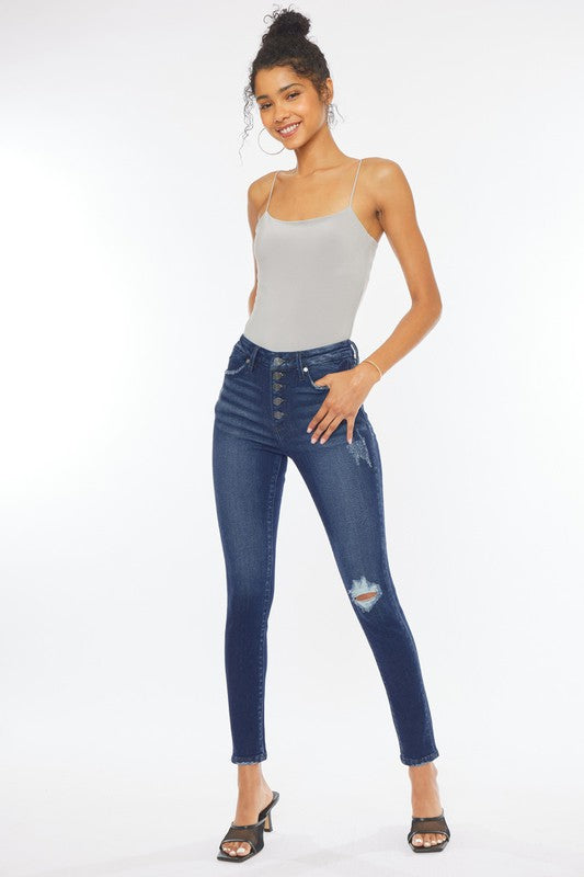 High Rise Piecing Detail Super Skinny Jeans DARK by Kan Can USA | Fleurcouture