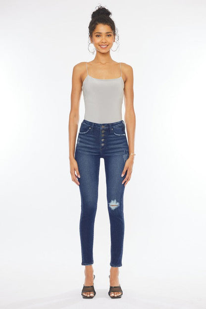 High Rise Piecing Detail Super Skinny Jeans DARK by Kan Can USA | Fleurcouture