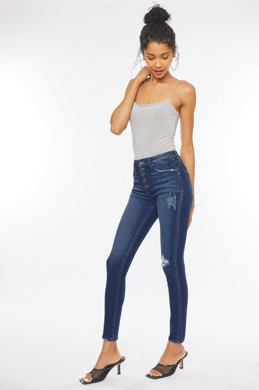 High Rise Piecing Detail Super Skinny Jeans DARK by Kan Can USA | Fleurcouture