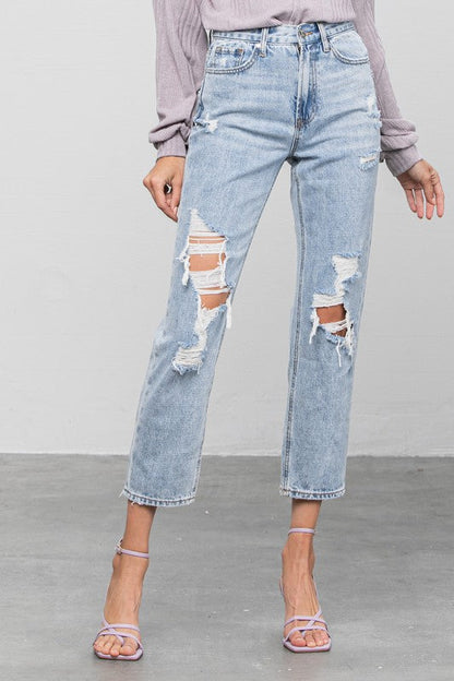 High Rise Ripped Girlfriend Jeans LIGHT 1 by Denim Lab USA | Fleurcouture