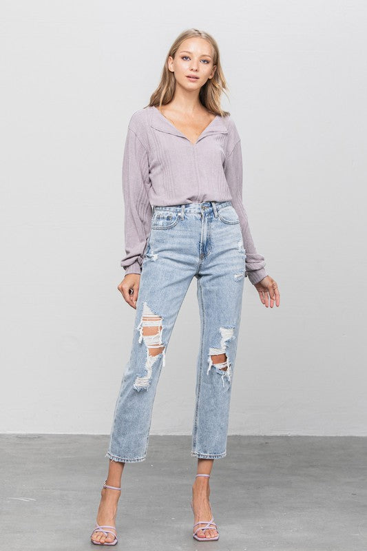 High Rise Ripped Girlfriend Jeans LIGHT by Denim Lab USA | Fleurcouture