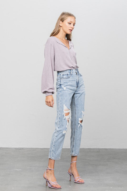 High Rise Ripped Girlfriend Jeans LIGHT by Denim Lab USA | Fleurcouture