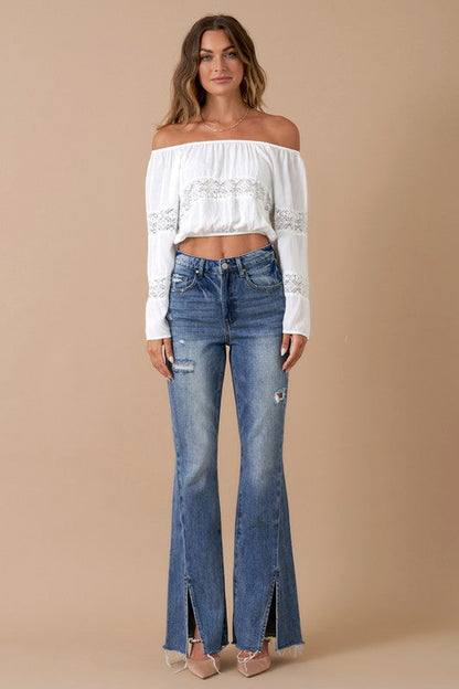 High Rise Slit Flare Denim MEDIUM 1 by Denim Lab USA | Fleurcouture