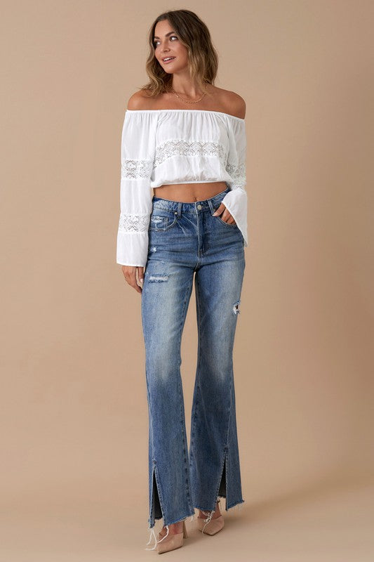 High Rise Slit Flare Denim MEDIUM by Denim Lab USA | Fleurcouture