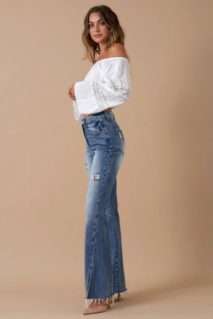 High Rise Slit Flare Denim MEDIUM by Denim Lab USA | Fleurcouture