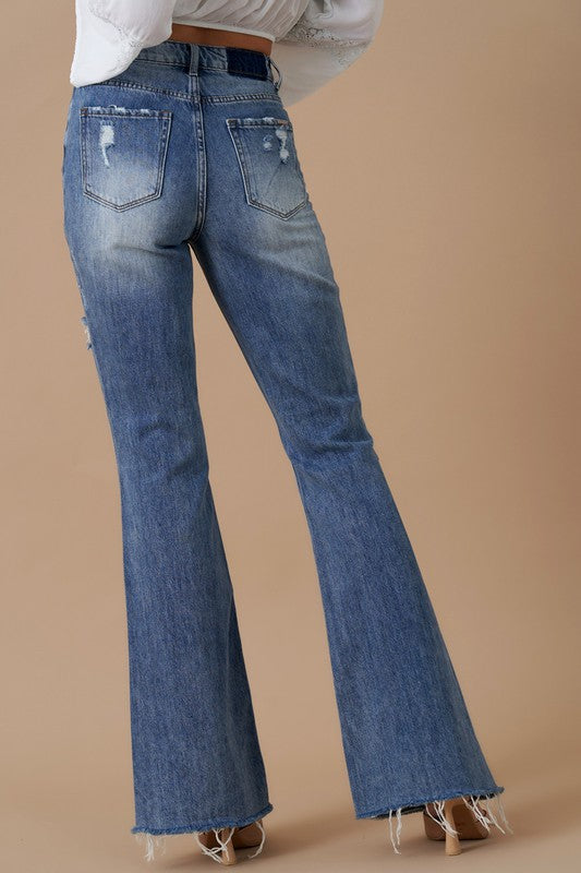 High Rise Slit Flare Denim MEDIUM by Denim Lab USA | Fleurcouture