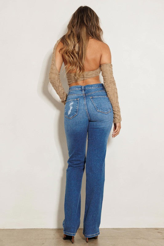 High Rise Subtle Distressed Straight Jeans Medium Stone by Vibrant M.i.U | Fleurcouture