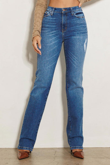 High Rise Subtle Distressed Straight Jeans Medium Stone by Vibrant M.i.U | Fleurcouture