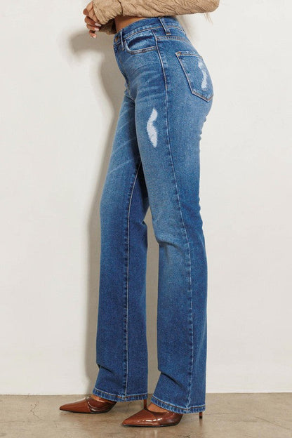 High Rise Subtle Distressed Straight Jeans Medium Stone by Vibrant M.i.U | Fleurcouture