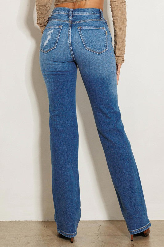 High Rise Subtle Distressed Straight Jeans Medium Stone by Vibrant M.i.U | Fleurcouture