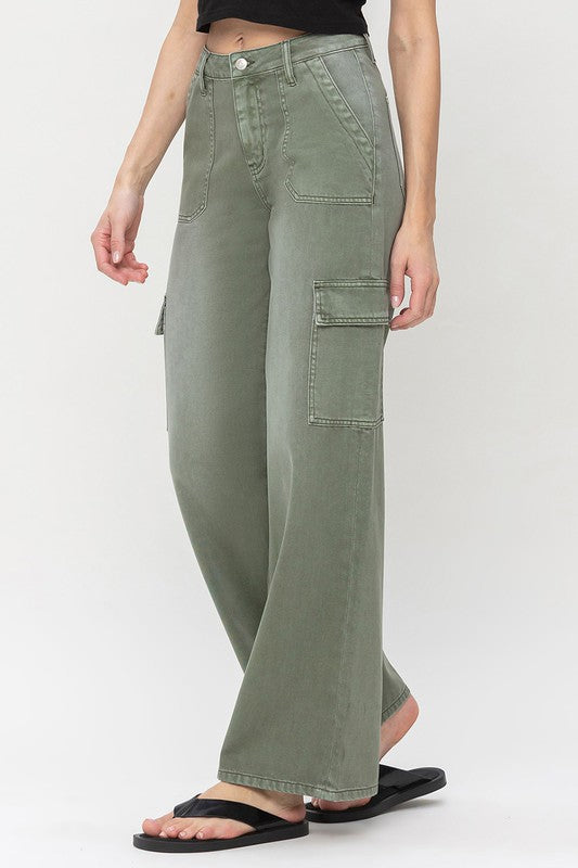 High Rise Utility Cargo Wide ARMY GREEN by VERVET by Flying Monkey | Fleurcouture