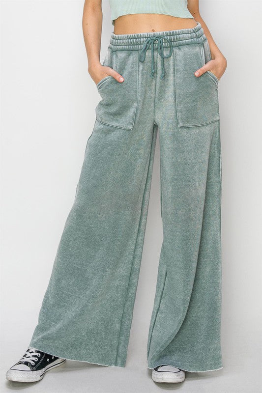 High Rise Wide Leg Drawstring Pants GRAY GREEN S by HYFVE | Fleurcouture