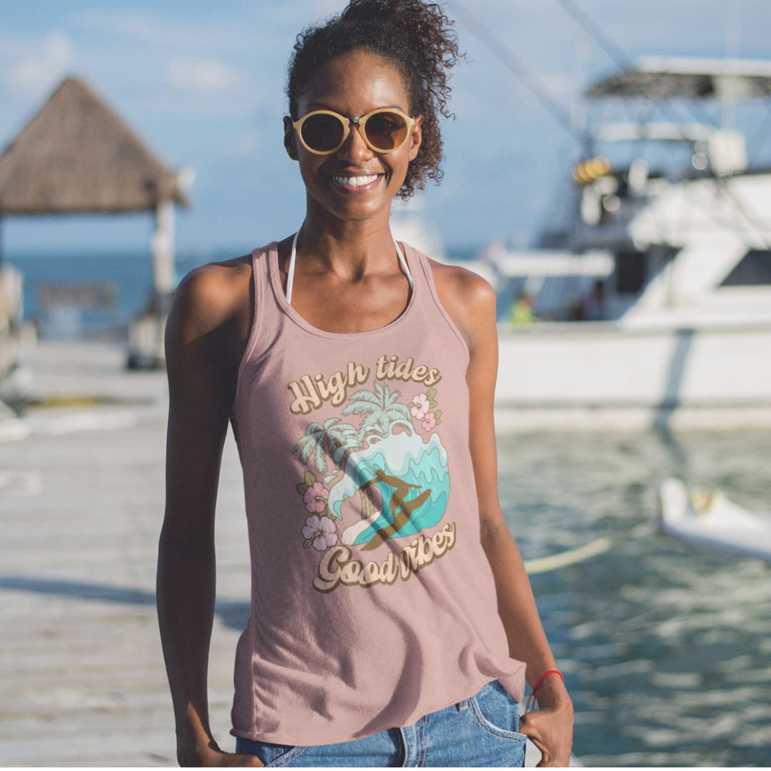 High Tides &amp; Good Vibes Racerback Tank XS Desert Pink Tank by Tea-Shirt Shoppe | Fleurcouture