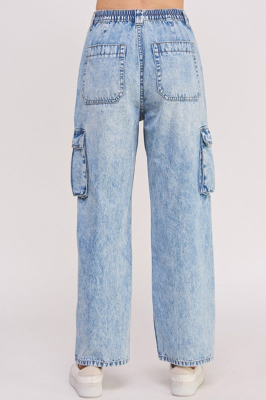 HIGH WAIST BAGGY DENIM CARGO ANKLE LENGTH TROUSERS DENIM by Jade By Jane | Fleurcouture