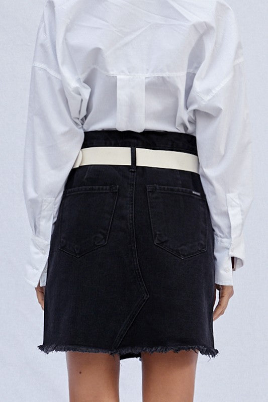 High Waist Belted Mini Denim Skirt BLACK by Denim Lab USA | Fleurcouture