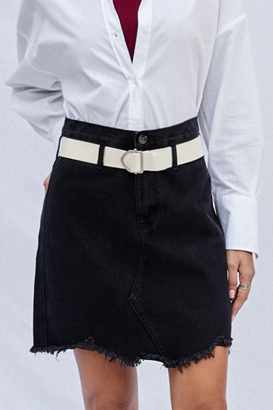 High Waist Belted Mini Denim Skirt BLACK S by Denim Lab USA | Fleurcouture