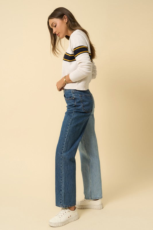 High Waist Crossover Straight Jeans BLUE/COMBO by Denim Lab USA | Fleurcouture