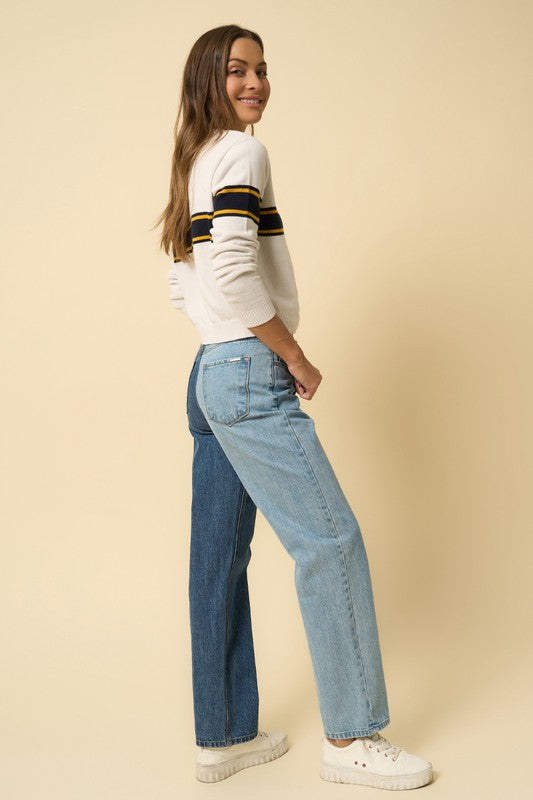 High Waist Crossover Straight Jeans BLUE/COMBO by Denim Lab USA | Fleurcouture