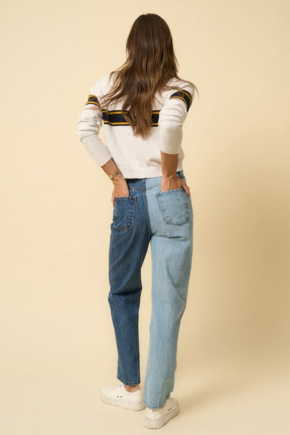 High Waist Crossover Straight Jeans BLUE/COMBO by Denim Lab USA | Fleurcouture