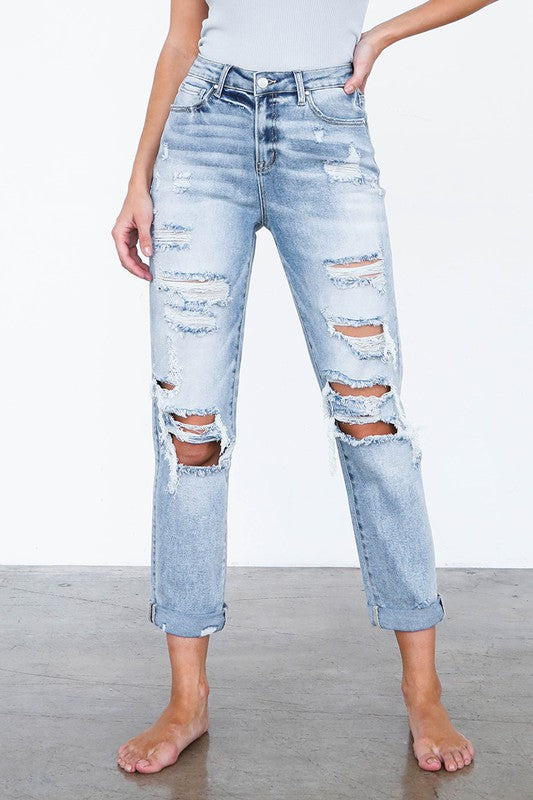 High Waist Destroyed Girlfriend Jeans LIGHT 0 by Denim Lab USA | Fleurcouture