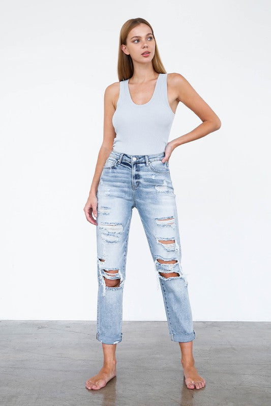 High Waist Destroyed Girlfriend Jeans LIGHT by Denim Lab USA | Fleurcouture