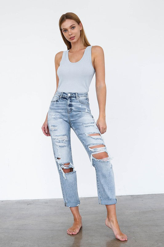 High Waist Destroyed Girlfriend Jeans LIGHT by Denim Lab USA | Fleurcouture