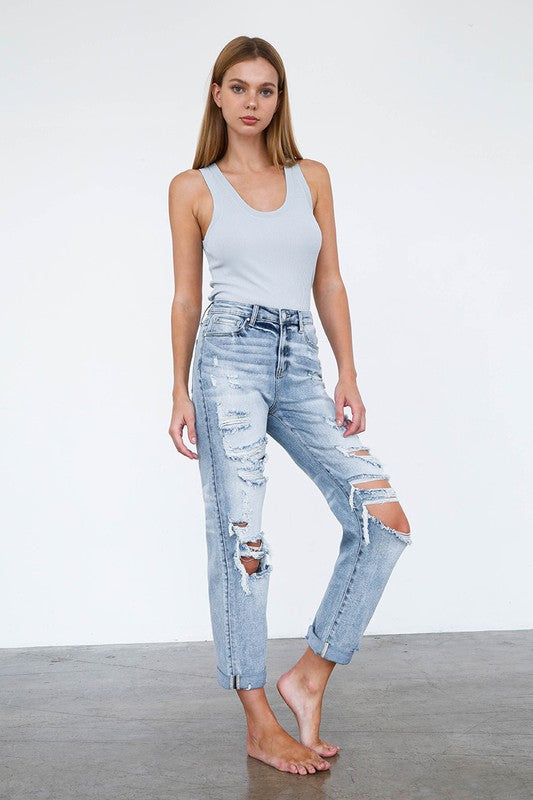 High Waist Destroyed Girlfriend Jeans LIGHT by Denim Lab USA | Fleurcouture