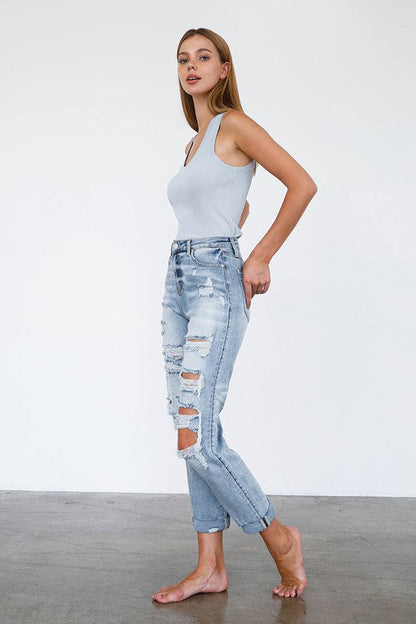 High Waist Destroyed Girlfriend Jeans LIGHT by Denim Lab USA | Fleurcouture