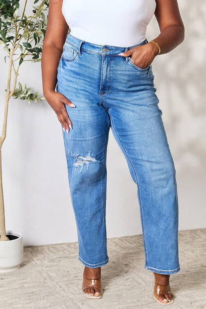 High Waist Distressed Jeans Medium Blue by ClaudiaG Collection | Fleurcouture