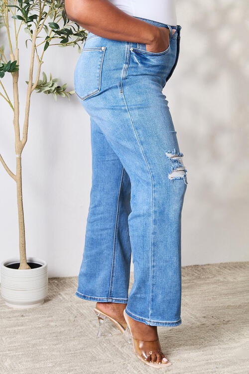 High Waist Distressed Jeans Medium Blue by ClaudiaG Collection | Fleurcouture