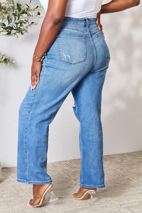 High Waist Distressed Jeans Medium Blue by ClaudiaG Collection | Fleurcouture