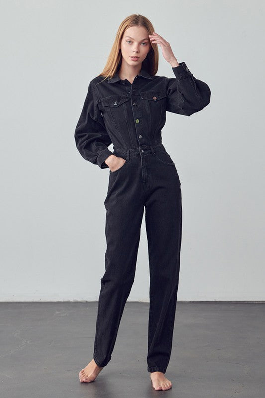 High Waist Flap Pocket Half Button Denim Jumpsuit BLACK by Denim Lab USA | Fleurcouture