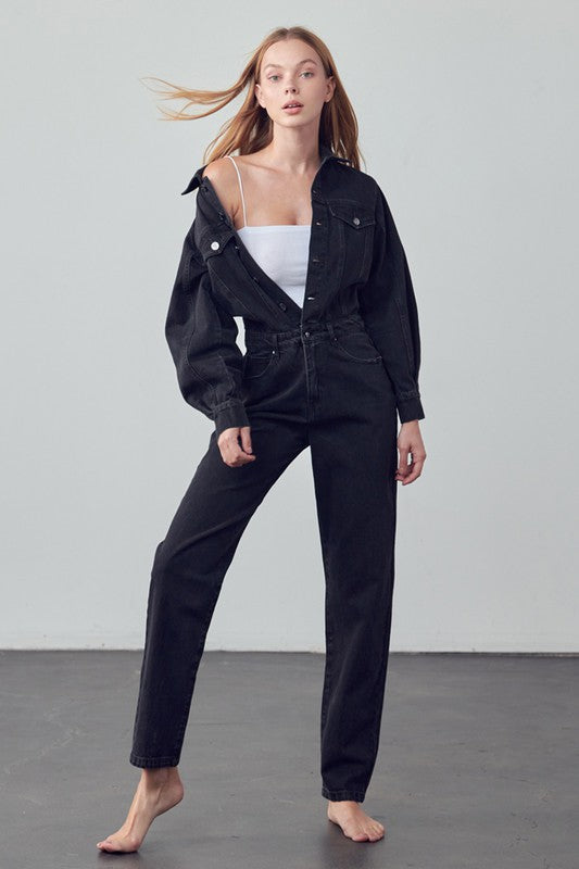 High Waist Flap Pocket Half Button Denim Jumpsuit BLACK by Denim Lab USA | Fleurcouture