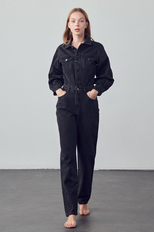 High Waist Flap Pocket Half Button Denim Jumpsuit BLACK by Denim Lab USA | Fleurcouture