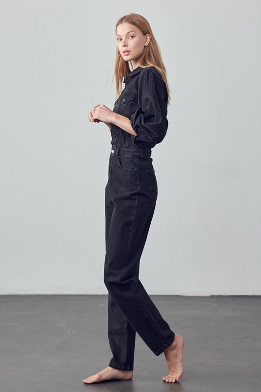 High Waist Flap Pocket Half Button Denim Jumpsuit BLACK by Denim Lab USA | Fleurcouture