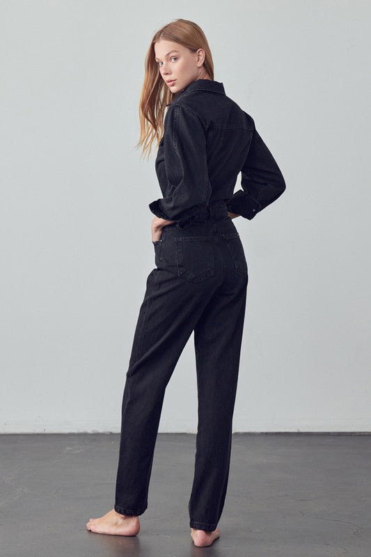 High Waist Flap Pocket Half Button Denim Jumpsuit BLACK by Denim Lab USA | Fleurcouture