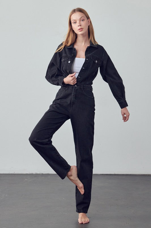 High Waist Flap Pocket Half Button Denim Jumpsuit BLACK by Denim Lab USA | Fleurcouture