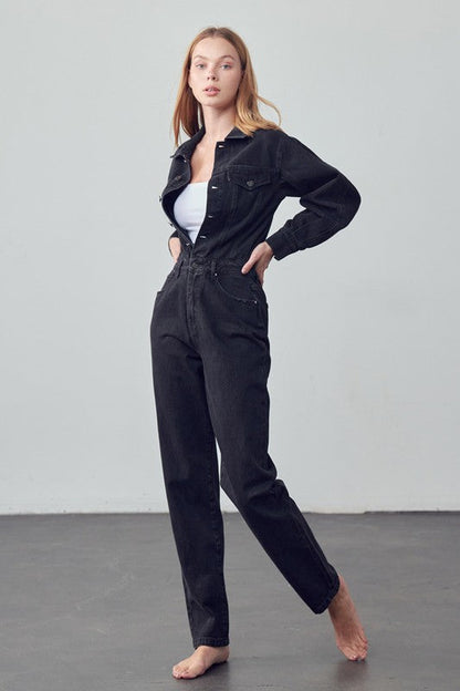 High Waist Flap Pocket Half Button Denim Jumpsuit BLACK by Denim Lab USA | Fleurcouture