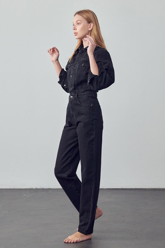 High Waist Flap Pocket Half Button Denim Jumpsuit BLACK by Denim Lab USA | Fleurcouture