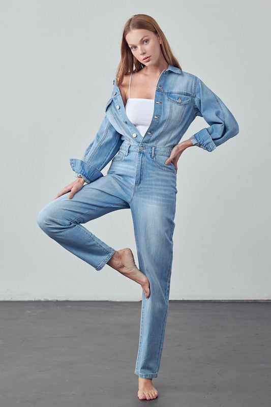 High Waist Flap Pocket Half Button Denim Jumpsuit MEDIUM by Denim Lab USA | Fleurcouture