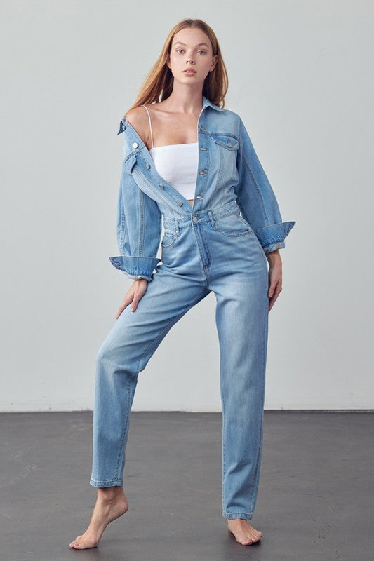 High Waist Flap Pocket Half Button Denim Jumpsuit MEDIUM by Denim Lab USA | Fleurcouture