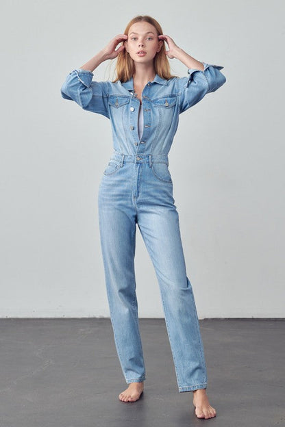 High Waist Flap Pocket Half Button Denim Jumpsuit MEDIUM by Denim Lab USA | Fleurcouture